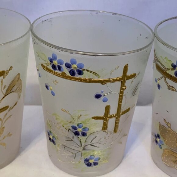 Frosted Glass Painted Juice Glasses with Flowers on a Trellis Vintage Set of 6 - Picture 3 of 12